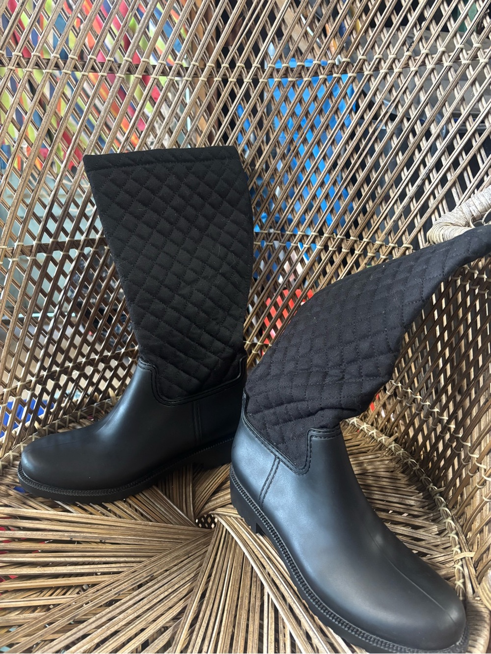 Womens Black Quilted Mid-Calf Rain Boots